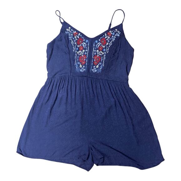 Navy blue Xhilaration embroidered romper. Adjustable Spaghetti Straps Size Large - Picture 2 of 6